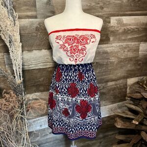 Dina Be strapless red and navy fit and flare floral dress - M
